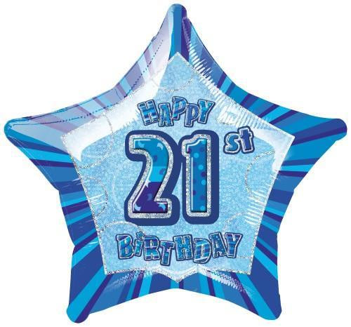 Glitz Blue 21st Birthday Star 50cm (20") Foil Balloon Packaged